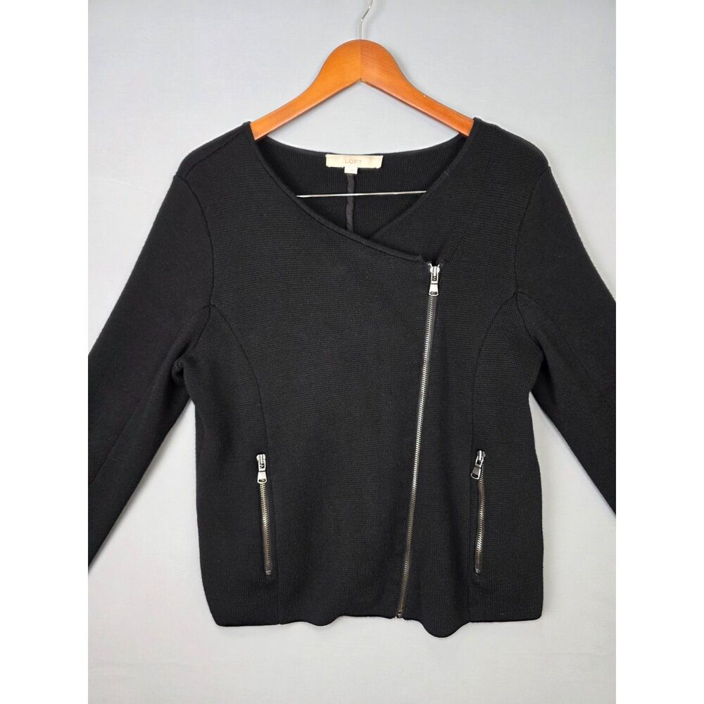 LOFT Black Asymetrical Moto Motorcycle Sweater Knit Large Cyber Goth Wool Blend - Picture 1 of 8
